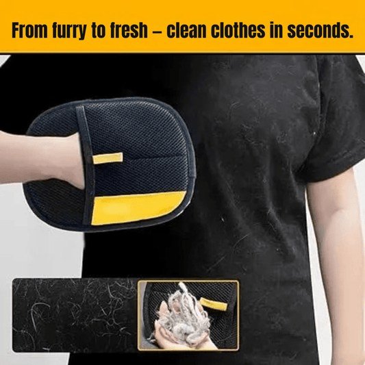 Adjustable pet grooming glove for hair and shedding control used on a golden retriever to remove loose fur and dander