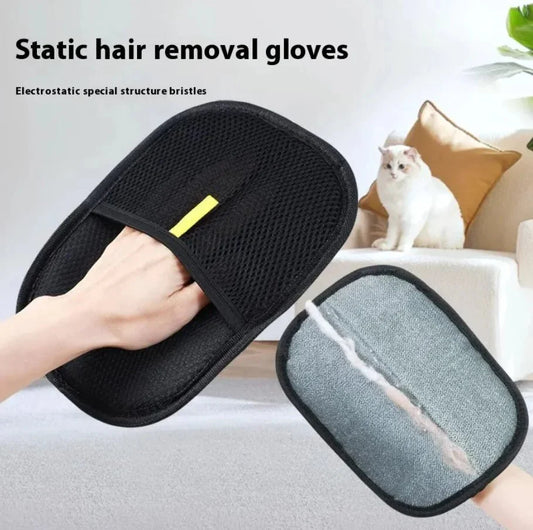 Pet hair remover glove reusable silicone used to groom a short-haired dog and collect loose fur