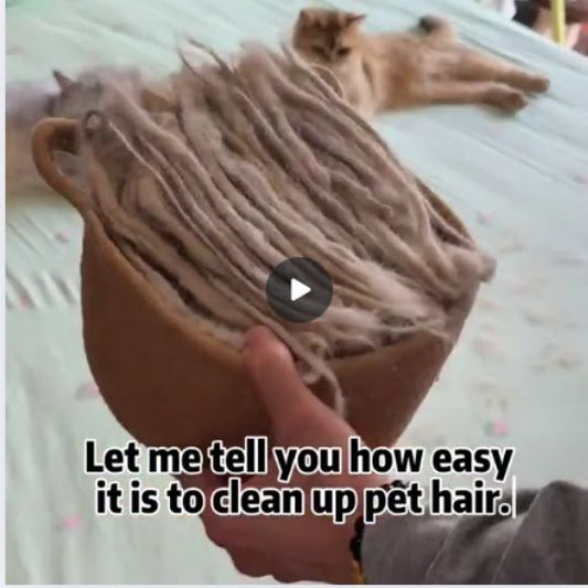 Dual-sided pet hair remover glove in use while grooming a golden retriever during shedding season.